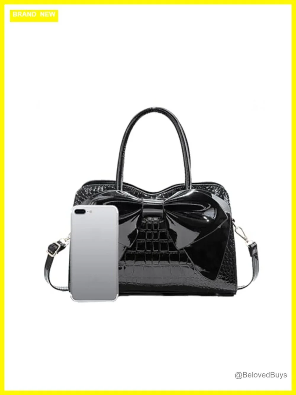 Faux Leather Crocodile Embossed Tote Bag with Bow, Zipper Closure, Crossbody